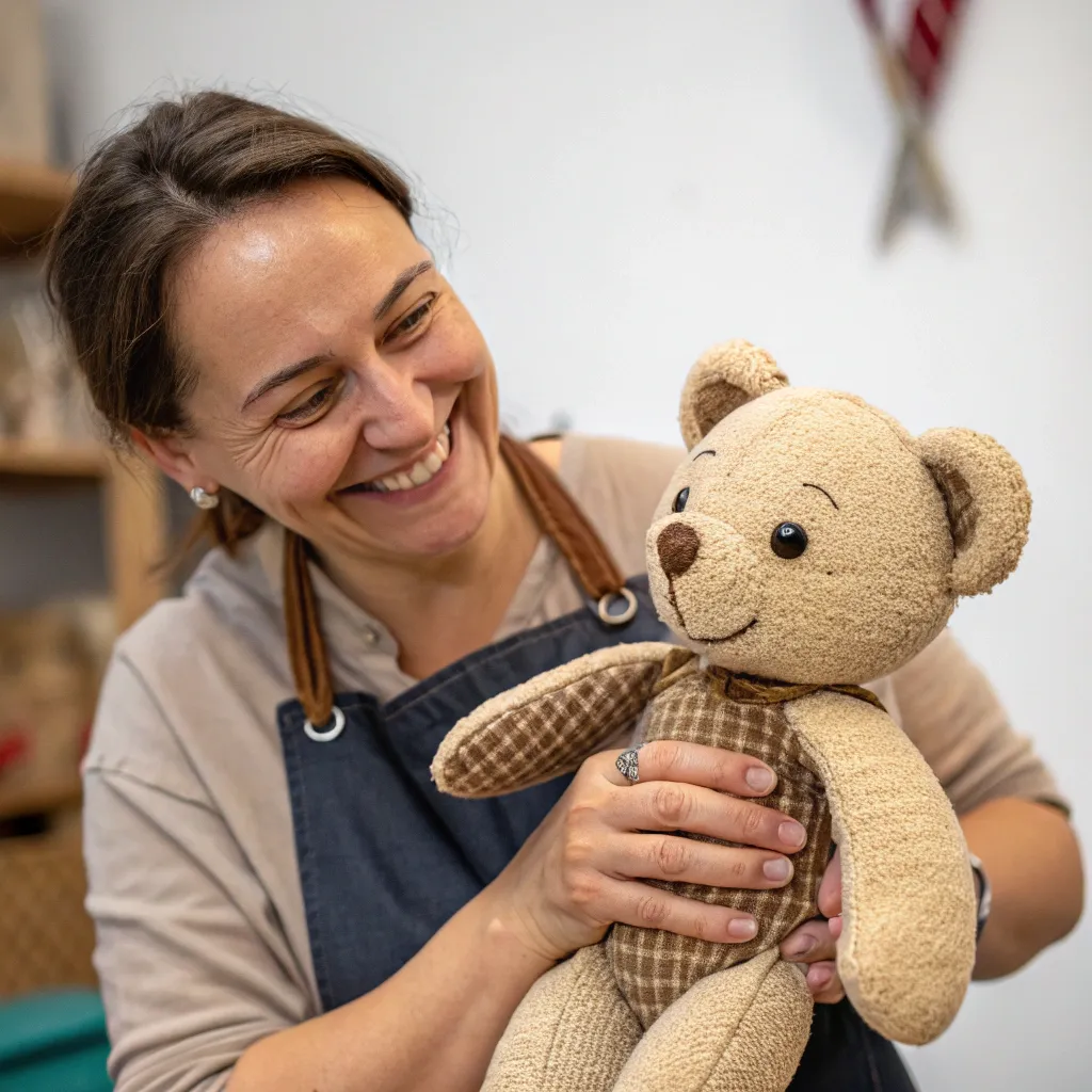 Smiling customer holding a handmade teddy bear