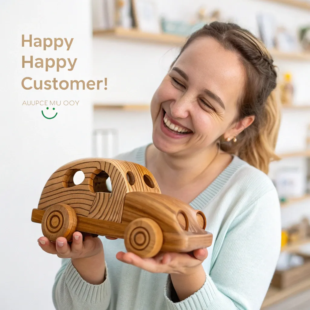 Happy customer showcasing a unique wooden toy