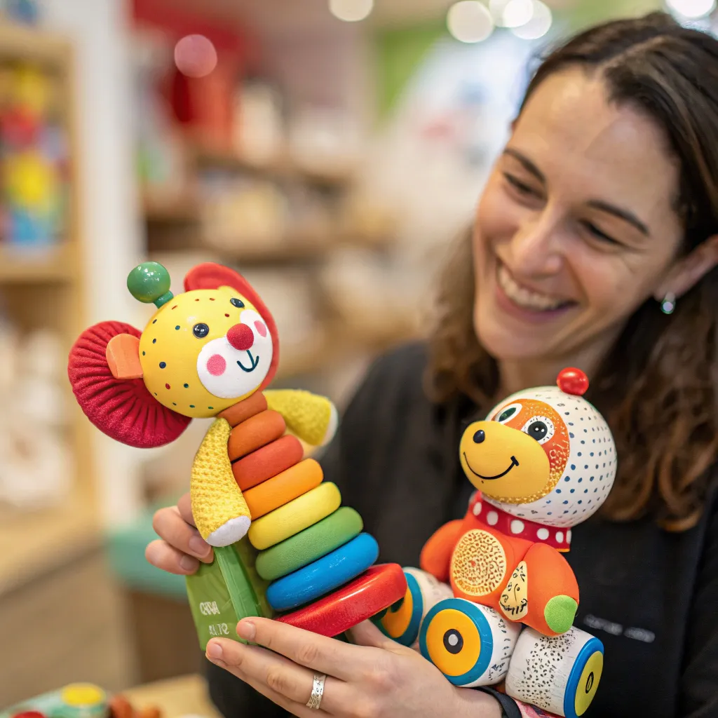 Customer holding a colorful handmade toy set